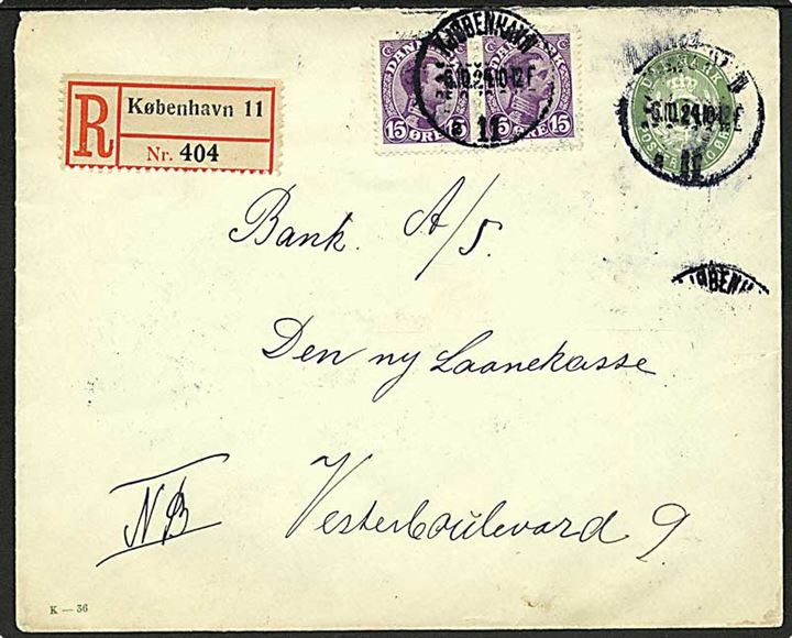 10 øre helsagskuvert (K-36) opfrankeret med 15 øre Chr. X i parstykke sendt som lokalt anbefalet brev i Kjøbenhavn d. 6.10.1924.