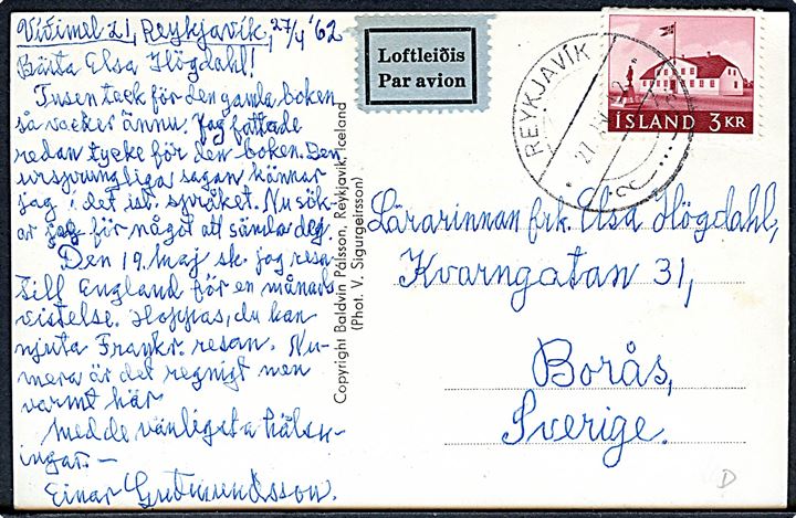 Fnjoskarbru med omnibus. Baldvin Pálsson. Frankeret med 3 kr. og sendt som luftpost fra Reykjavik d. 27.4.1962 til Sverige.