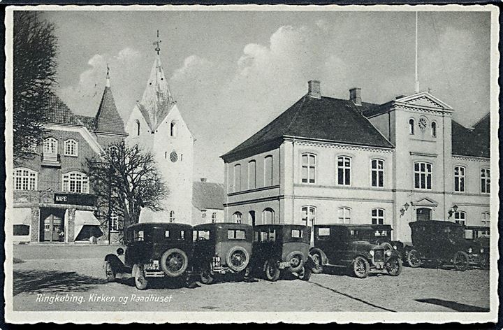 Ringkøbing. Kirken og Raadhuset. Med automobiler. Rudolf Olsens Kunstforlag no. 6868. 