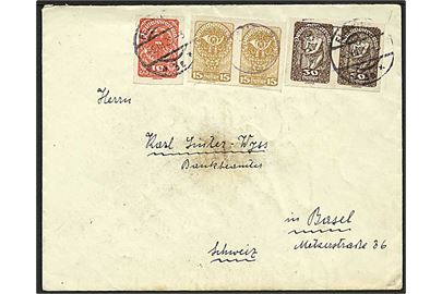 10 h., 15 h. (par) og 30 h. (par) Deutschösterreich udg. på 1 kr. frankeret brev fra Feldkirch d. 5.3.1920 til Basel, Schweiz.