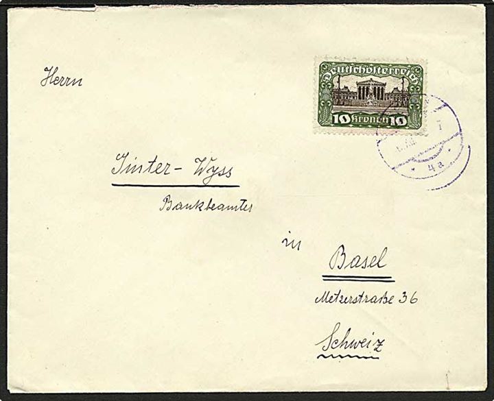 10 kr. Parlament single på brev fra Steyr d. 6.12.1920 til Basel, Schweiz.