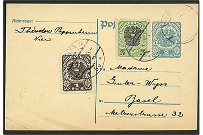 2 kr. helsagsbrevkort opfrankeret med 1 kr. og 3 kr. Deutschösterreich udg. fra Wien d. 3.10.1921 til Basel, Schweiz.
