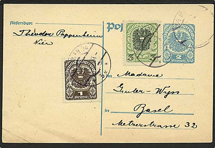 2 kr. helsagsbrevkort opfrankeret med 1 kr. og 3 kr. Deutschösterreich udg. fra Wien d. 3.10.1921 til Basel, Schweiz.