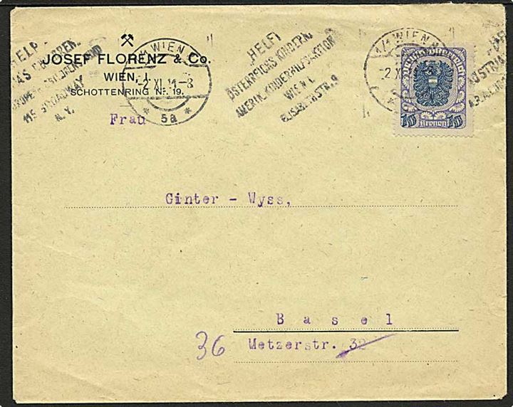 10 kr. Deutschösterreich udg. single på brev annulleret med 2-sproget TMS for Amerik. Kinderhilfsaktion / Wien d. 2.11.1921 til Basel, Schweiz.
