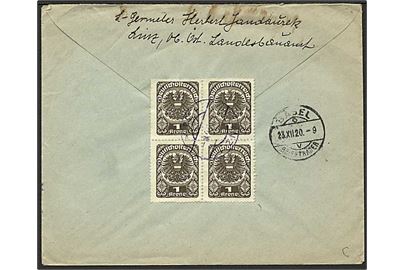 1 kr. Deutschösterreich udg. i fireblok på bagsiden af anbefalet brev fra Linz d. 21.12.1920 til Basel, Schweiz.