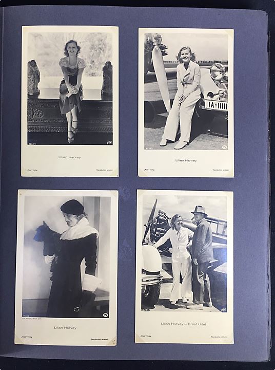 Lilian Harvey (1906-1968), 2 store bind med fan-billeder af den tysk-britiske skuespillerinde og sanger. Ca. 100 postkort -  et sammen med Grønlandsflyveren Ernst Udet og et med original autograf. Meget blandet materiale. 