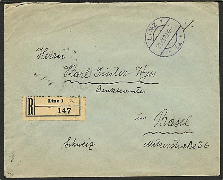 1 kr. Deutschösterreich udg. i fireblok på bagsiden af anbefalet brev fra Linz d. 21.12.1920 til Basel, Schweiz.