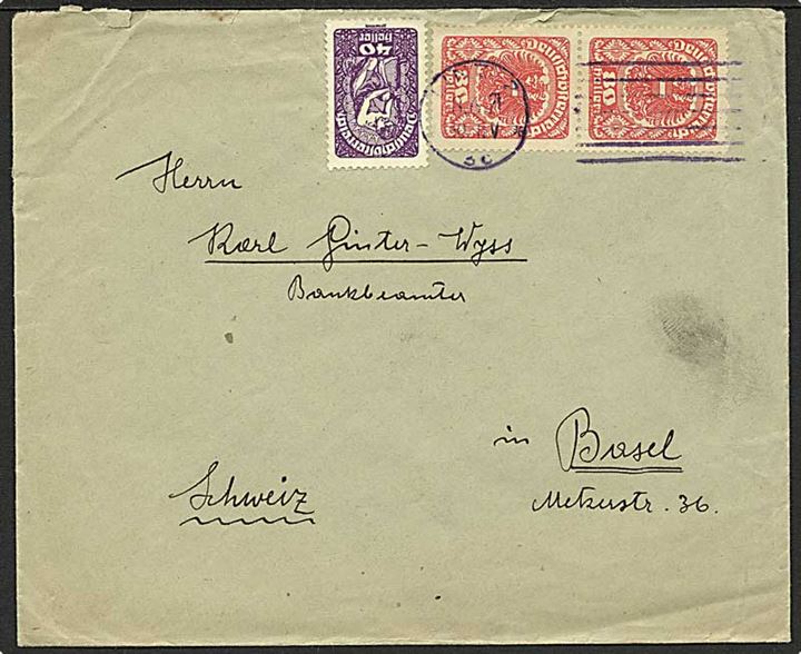 40 h. og 80 h. (par) Deutschösterreich udg. på brev fra Linz d. 8.6.1920 til Basel, Schweiz.