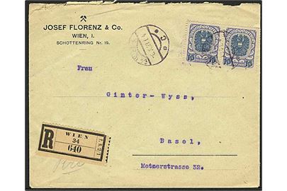 10 kr. (par) Deutschösterreich udg. på anbefalet brev fra Wien d. 6.10.1921 til Basel, Schweiz.