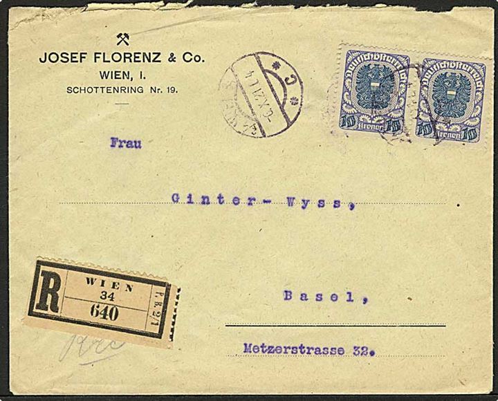 10 kr. (par) Deutschösterreich udg. på anbefalet brev fra Wien d. 6.10.1921 til Basel, Schweiz.