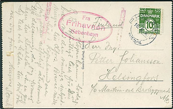 10 øre Bølgelinie på brevkort fra København annulleret med svensk bureaustempel PKP. 62A (Nässjö-Malmö-Köpenhamn) d. 16.6.1928 og sidestemplet med rødt “Fra Frihavnen København” til Helsingfors, Finland. Skilling 1800,-