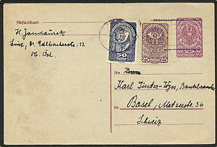 25 h. helsagsbrevkort opfrankeret med 25 h. og 50 h. Deutschösterreich udg. fra Linz d. 21.6.1920 til Basel, Schweiz.