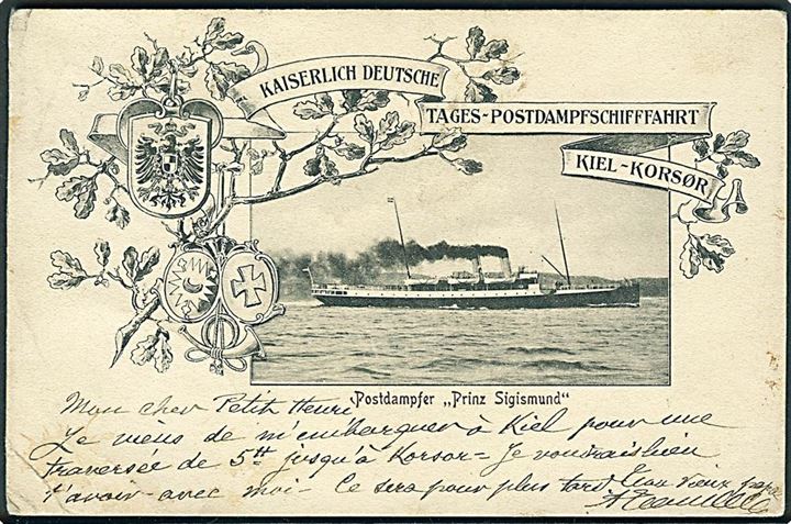 Tysk 10 pfg. Germania på brevkort (Postdampfer “Prinz Sigismund”, Kiel-Korsør) annulleret med skibsstempel Korsør - Kiel DPSK:POSTKT: No. 4 d. 13.12. ca. 1908 til Paris, Frankrig. 