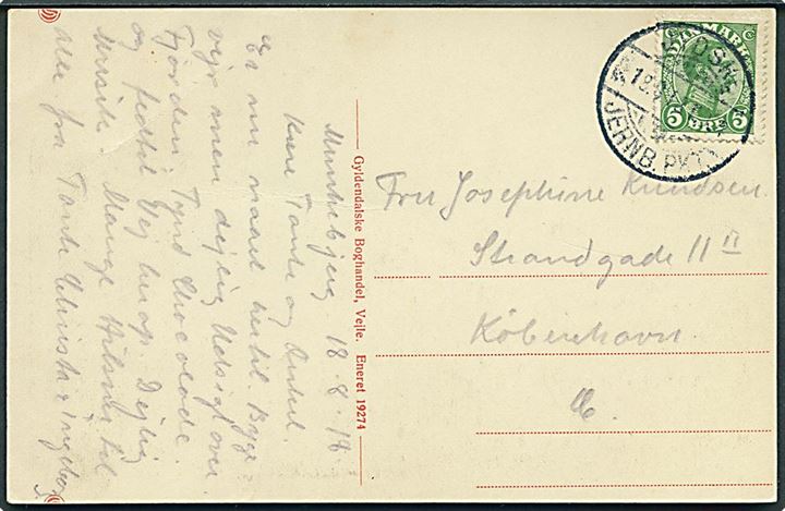 5 øre Chr. X på brevkort dateret i Munkebjerg annulleret med reserve bureaustempel (R1) Jydske Jernb.PKT. T.954 d. 18.8.1918 til København. Stempel benyttet som reserve på strækningen Fredericia-Aalborg.
