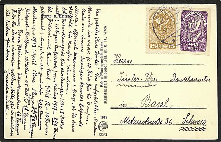 15 h. takket og 40 h. utakket Deutschösterreich udg. på brevkort fra Steyr d. 25.1.1920 til Basel, Schweiz.
