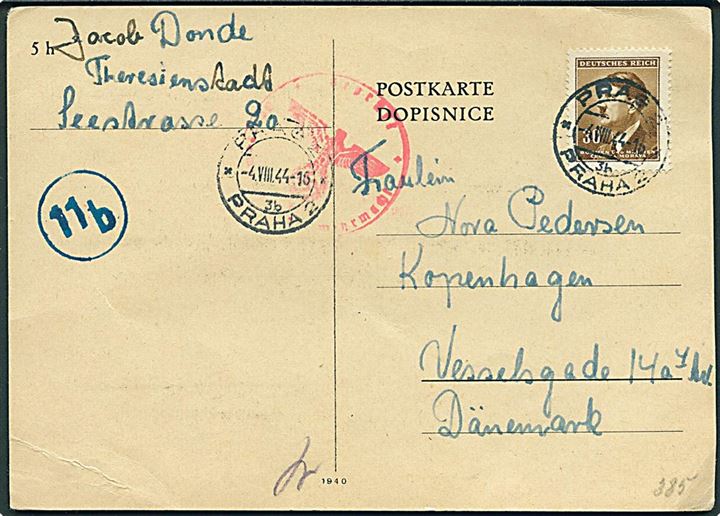 Böhmen-Mähren 30 h. Hitler på kvitteringsbrevkort for modtaget pakke sendt fra dansk jøde, Jacob Donde, i Theresienstadt d. 18.7.1944 stemplet Prag d. 4.8.1944 til København. Tysk censur fra Hamburg. Jacob Donde var fængselsbetjent og blev arresteret d. 4.10.1943.