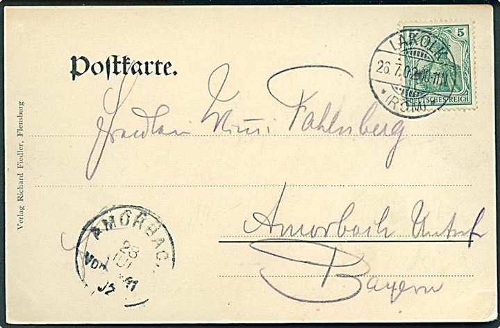 5 pfg. Germania på brevkort (Nordseebad Lakolk, Röm) stemplet Lakolk *(Röm)* d. 26.7.1902 til Amorbach, Bayern. Sommer-postekspedition 1900-1913.