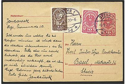 10 h. helsagsbrevkort opfrankeret med 30 h. utakket og 10 h. takket Deutschösterreich udg. fra Steyr d. 8.2.1920 til Basel, Schweiz.