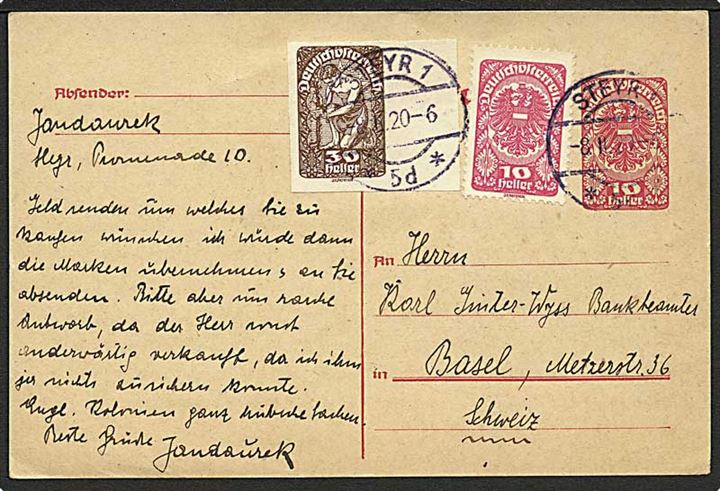 10 h. helsagsbrevkort opfrankeret med 30 h. utakket og 10 h. takket Deutschösterreich udg. fra Steyr d. 8.2.1920 til Basel, Schweiz.