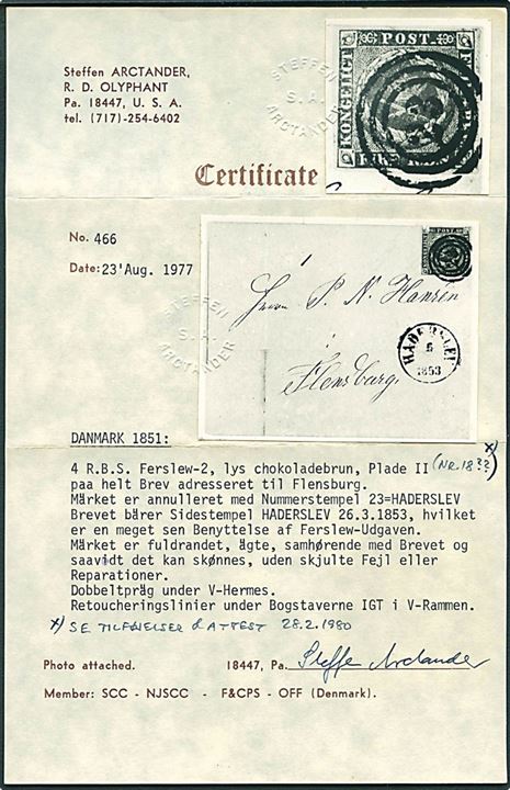 4 R.B.S. Ferslew pl. II på brev annulleret med nr.stempel “23” og sidestemplet antiqua Haderslev d. 26.3.1853 til Flensburg. Sen anvendelse af Ferslew udg. Attest Steffen Arctander.