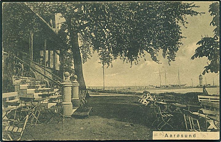 5 øre Bølgelinie og 20 øre Chr. X på brevkort (Aarøsund) annulleret med vanskeligt brotype IIb Aarøsund Havn d. 12.9.1924 til Hamburg, Tyskland. Postkontor ændrede navn til Aarøsund pr. 1.2.1925.