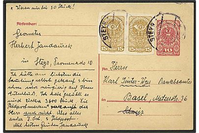 10 h. helsagsbrevkort opfrankeret med 15 h. utakket Deutschösterreich udg. i parstykke fra Steyr d. 15.2.1920 til Basel, Schweiz.
