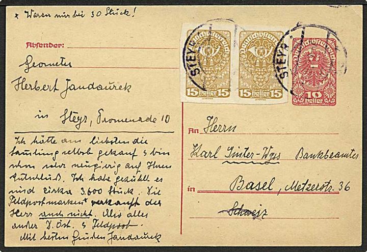 10 h. helsagsbrevkort opfrankeret med 15 h. utakket Deutschösterreich udg. i parstykke fra Steyr d. 15.2.1920 til Basel, Schweiz.