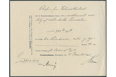 Kvittering fra Finanshovedkassen i København d. 21.12. 1905 til Chefen for Kolonialkontoret for indbetaling af 397,44 kr. for salg af vestindiske Frimærker.