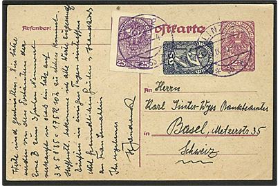 25 h. helsagsbrevkort opfrankeret med 25 h. utakket og 50 h. takket Deutschösterreich fra Linz d. 21.9.1920 til Basel, Schweiz.