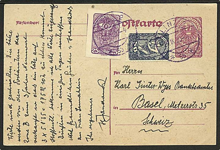 25 h. helsagsbrevkort opfrankeret med 25 h. utakket og 50 h. takket Deutschösterreich fra Linz d. 21.9.1920 til Basel, Schweiz.