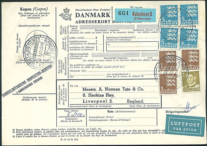 1 kr. (3), 5 kr. (4) Rigsvåben og 90 øre Fr. IX på 23,90 kr. frankeret internationalt adressekort for luftpostpakke fra København 8 (Frihavnen) d. 9.2.1963 til Liverpool, England.