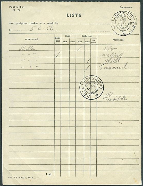 Postverket blanket 127 Liste m. kronet posthornstempel fra dampskibet D/S “Høgsfjord I” og sidestemplet Helle i Høgsfjord d. 5.6.1956.