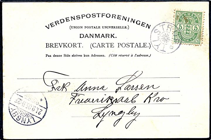 5 øre Våben på brevkort (Tylstrup kro) annulleret med stjernestempel TYLSTRUP til Frederiksdal kro pr. Lyngby. Ank.stemplet Lyngby d. 21.9.1905.