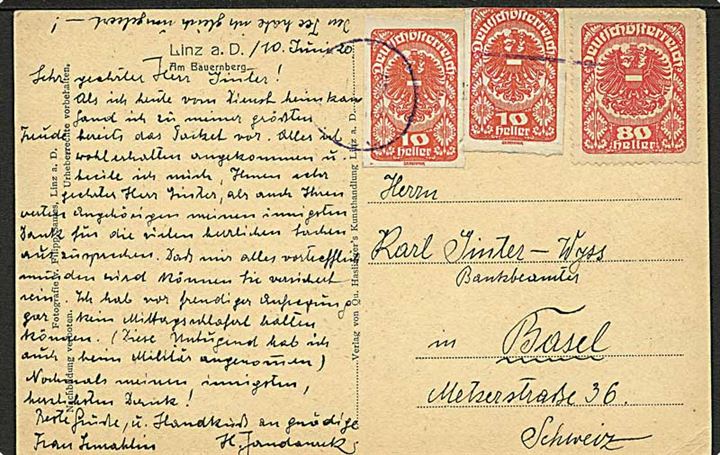 10 h. (2) utakket og 80 h. takket Deutschösterreich udg. på brevkort fra Linz. d. 10.6.1920 til Basel, Schweiz.