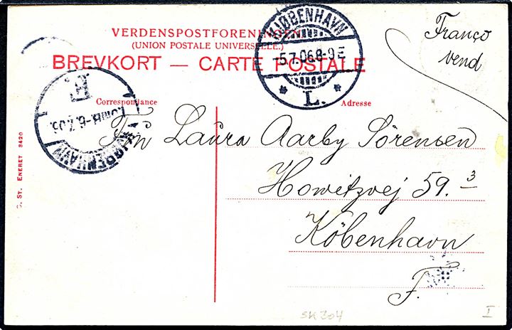 2 øre og 3 øre Bølgelinie på billedsiden af brevkort (Ved Furesøen) annulleret med stjernestempel FARUM og sidestemplet Kjøbenhavn L. d. 5.7.1906 til Kjøbenhavn F.
