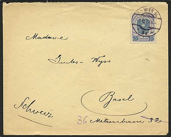 10 kr. Deutschösterreich udg. single på brev fra Wien d. 2.11.1921 til Basel, Schweiz.