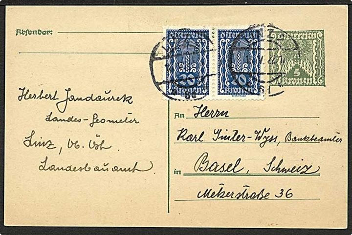 5 kr. helsagsbrevkort opfrankeret med 20 kr. infla udg. i parstykke fra Linz d. 18.5.1922 til Basel, Schweiz.