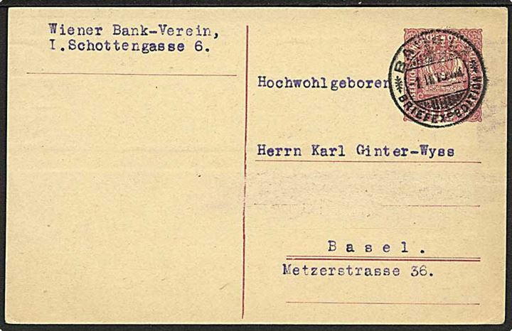 10 h. helsagsbrevkort fra Wien d. 27.1.1919 til Basel, Schweiz. Annulleret ved ankomsten Basel d. 1.2.1919.