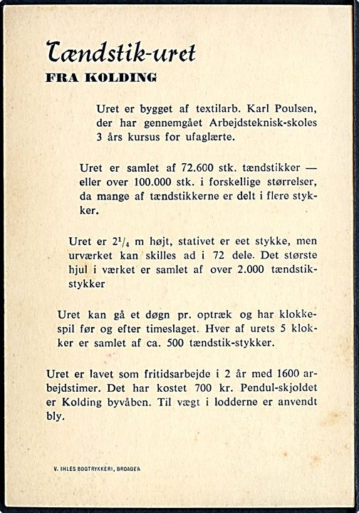 Tændstik Uret fra Kolding lavet af Karl Poulsen. V. Ihles Bogtrykkeri u/no. Uden adresselinier. 