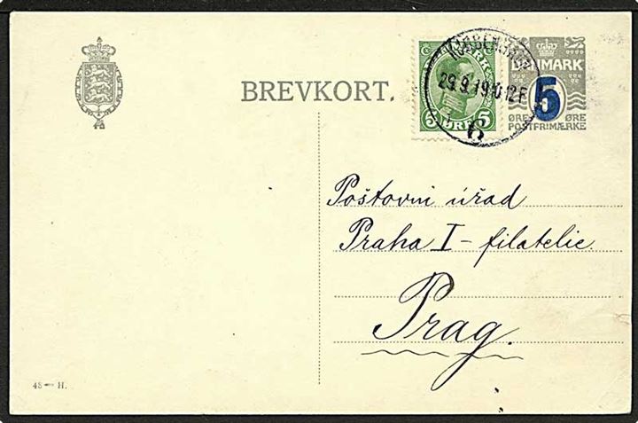 5/3 øre provisorisk helsagsbrevkort (fabr. 43-H) opfrankeret med 5 øre Chr. X fra Kjøbenhavn 6 d. 29.9.1919 til Prag, Tjekkoslovakiet.