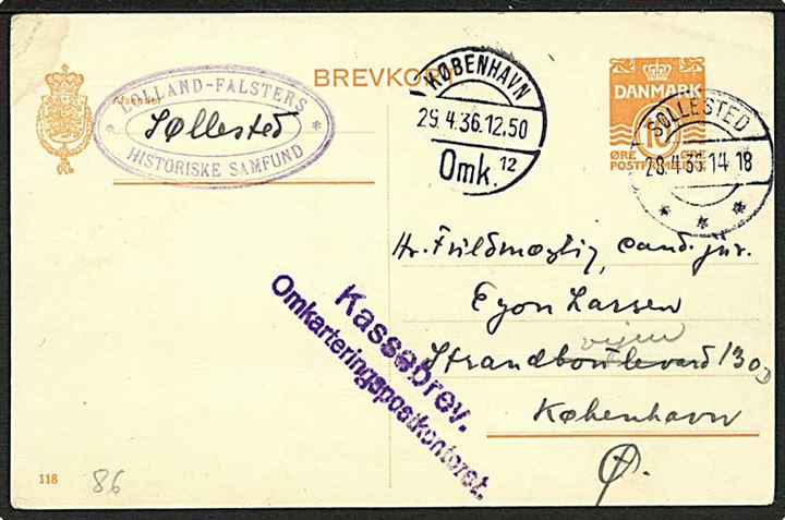 10 øre helsagsbrevkort (fabr. 118) fra Søllested d. 28.4.1936 til København. Violet stempel: Kassebrev Omkarteringspostkontoret.