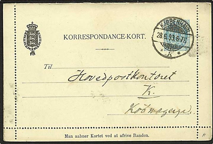 4 øre helsags korrespondancekort med rand sendt lokalt og stemplet Kjøbenhavn K. d. 28.6.1893. På bagsiden stemplet: Kbhavns Banegaard Expd. af toldpligtigt Postgods.