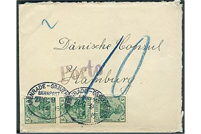 5 pfg. Germania (3) på underfrankeret 2. vægtkl. brev annulleret med bureaustempel Apenrade - Gravenstein Bahnpost Zug 9 d. 1.4.1915 til danske konsulat i Hamburg. Udtakseret i 10 pfg. porto.