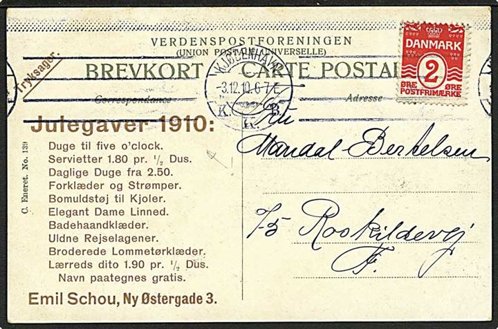 2 øre Bølgelinie single på lokalt brevkort sendt som tryksag i Kjøbenhavn d. 3.12.1910. Trykt meddelelse: Julegaver 1910 