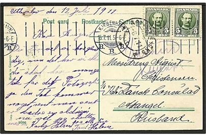 5 øre Fr. VIII i parstykke på brevkort fra Utterslev stemplet Kjøbenhavn d. 15.7.1915 til messedreng ombord på S/S Kalø, c/o danske konsulat i Archangelsk, Nordrusland.