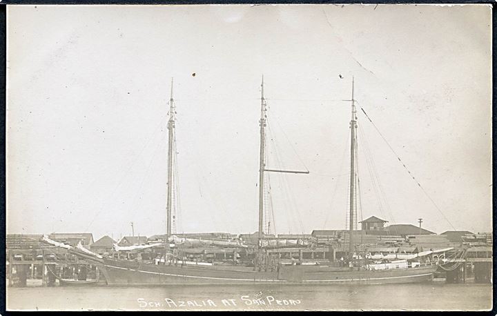 Azalia, amerikansk 3-mastet skonnert i San Pedro. Fotokort u/no.