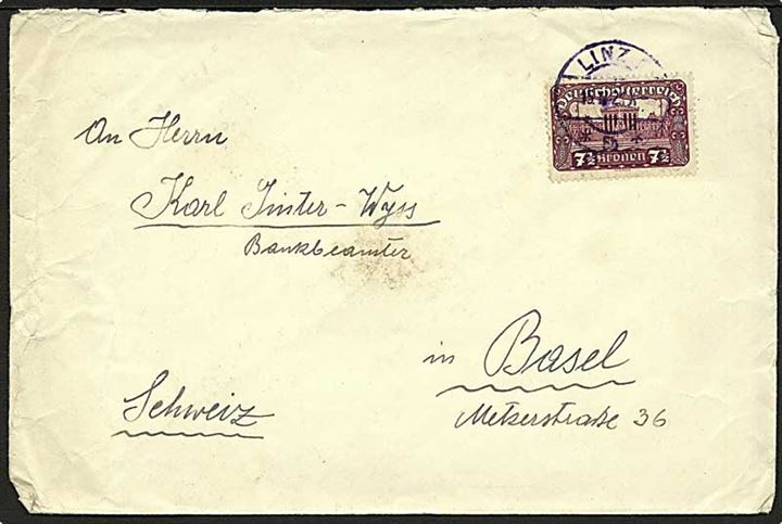 7½ kr. Deutschösterrich udg. single på brev fra Linz d. 15.4.1921 til Basel, Schweiz.