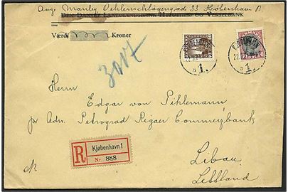 50 øre Chr. X og 40 øre Genforening på anbefalet brev fra Kjøbenhavn d. 22.3.1921 til Libau, Letland.