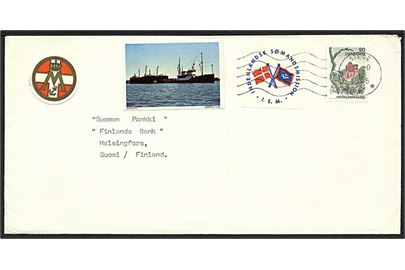 90 øre Hesselagergaard og Indenlandsk Sømandsmission mærkat på brev fra Stege 1975 til Helsingfors, Finland.