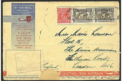 2d George V og 6d Luftpost (par) på særlig 1. flyvningskuvert Australien-England stemplet Sydney Air Mail Section G.P.O. d. 19.11.1931 til London, England. Beskadiget i bunden.